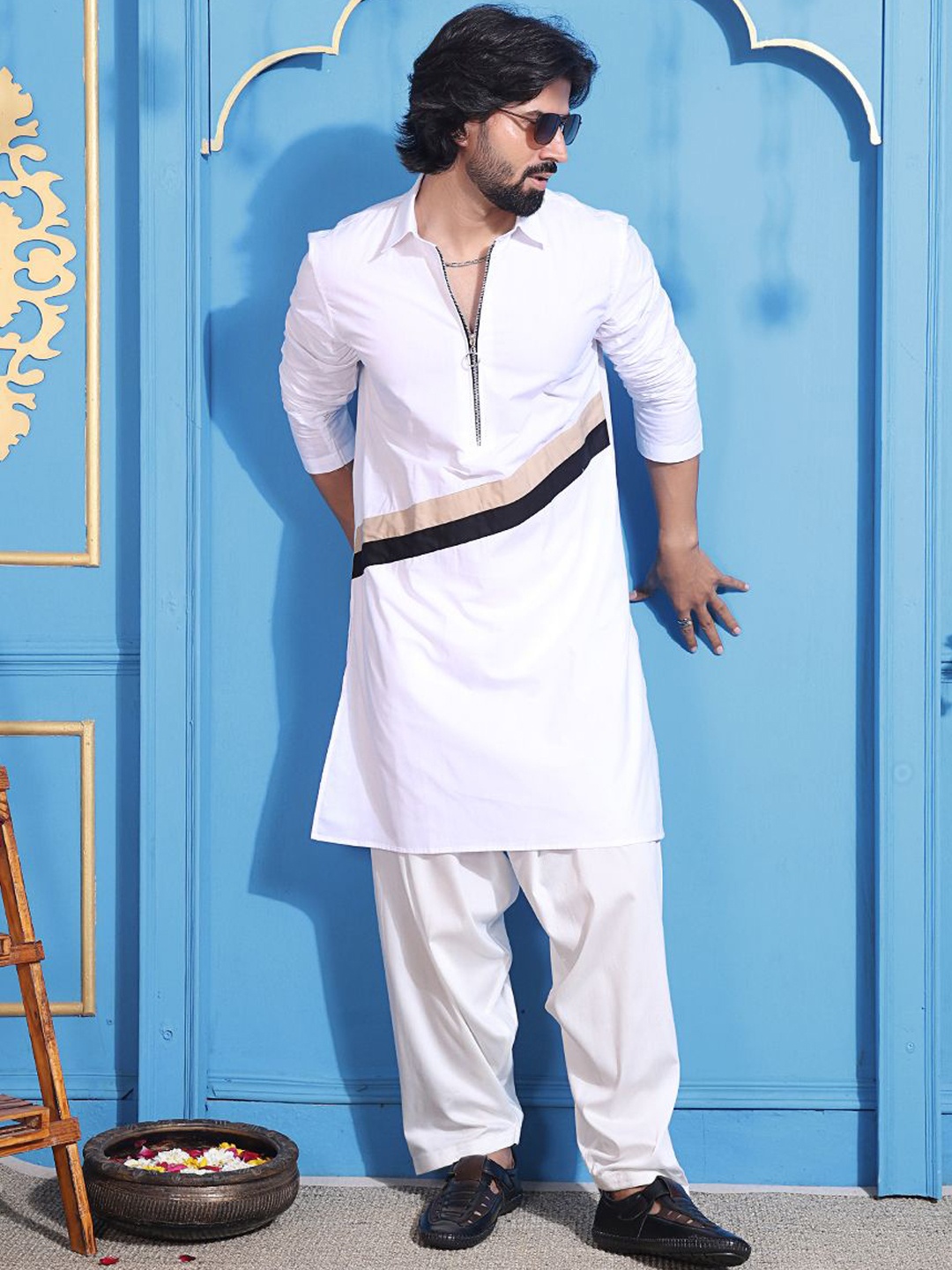 

MIDAV Men Thread Work White Romance Pathani Kurta