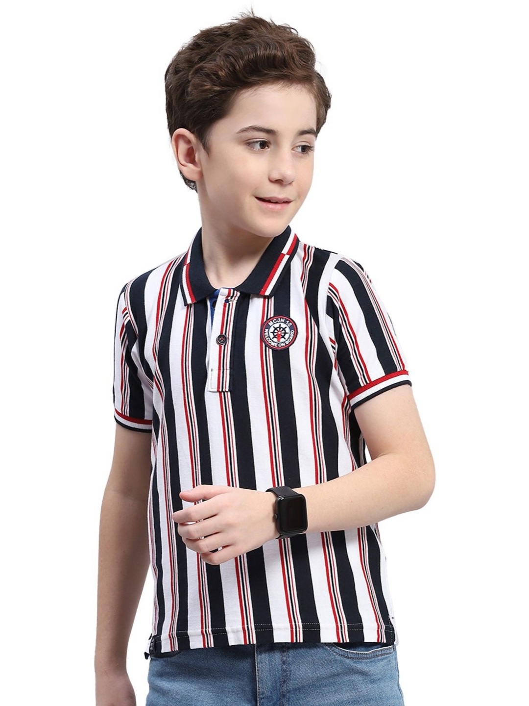 

Monte Carlo Boys Striped Polo Collar Extended Sleeves Pockets T-shirt, Blue