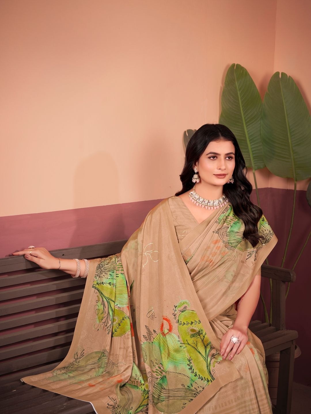 

Suha Floral Poly Crepe Saree, Camel brown