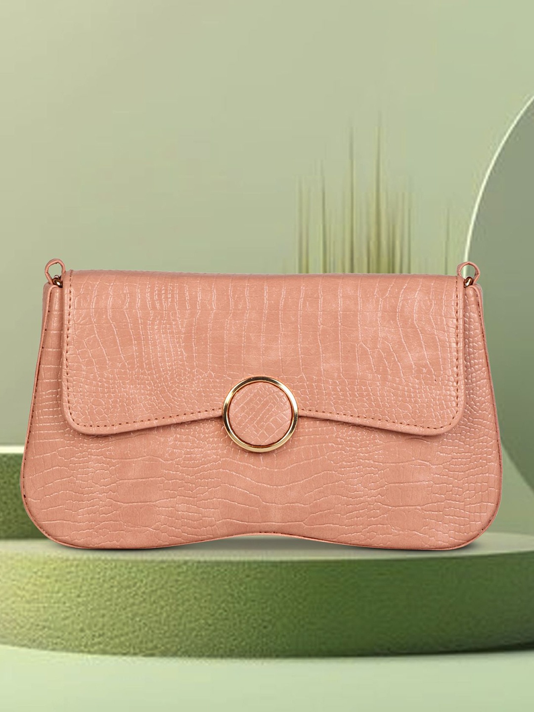 

Panchnaina Textured PU Structured Sling Bag With Golden Chain Strap, Peach
