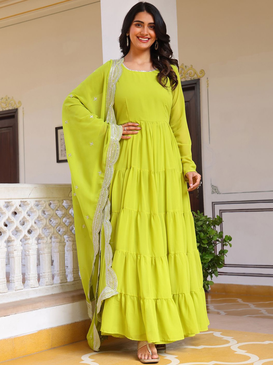 

Anara Tiered Kurta with Trousers & With Dupatta, Lime green