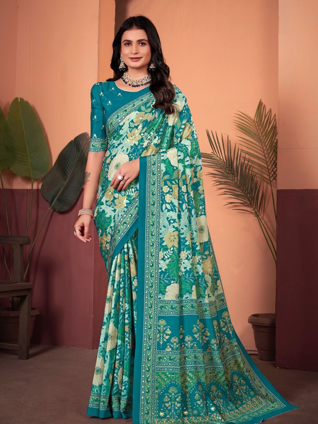 

Suha Floral Poly Crepe Saree, Teal