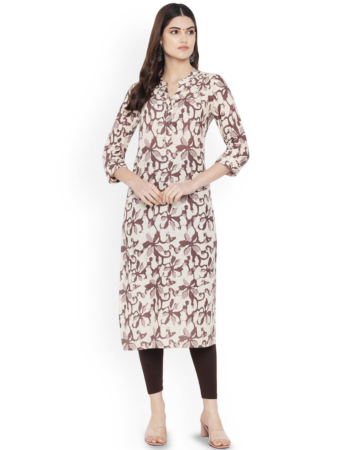 

7Threads Ethnic Motifs Printed Mandarin Collar Straight Cotton Kurta, Off white