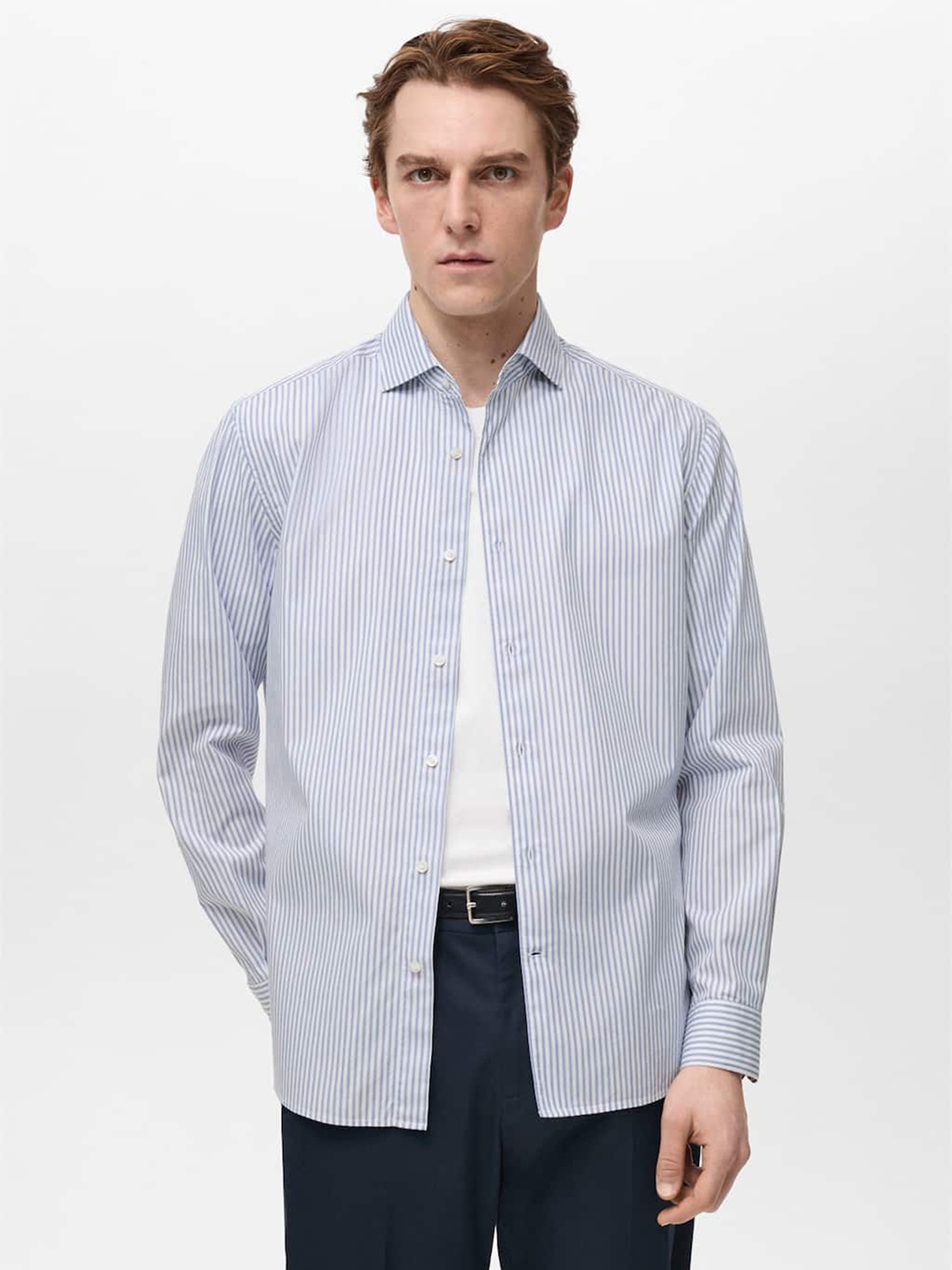 

MANGO MAN Vertical Striped Pure Cotton Shirt, Blue
