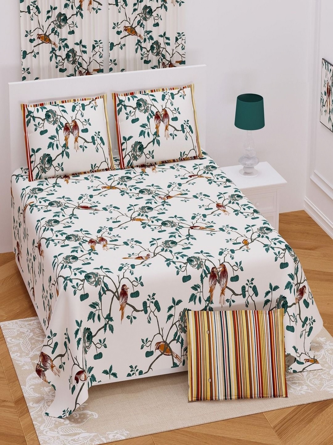 

Myntra Elegant Homes White & Green Floral 250 TC King Bedsheet with 2 Pillow Covers