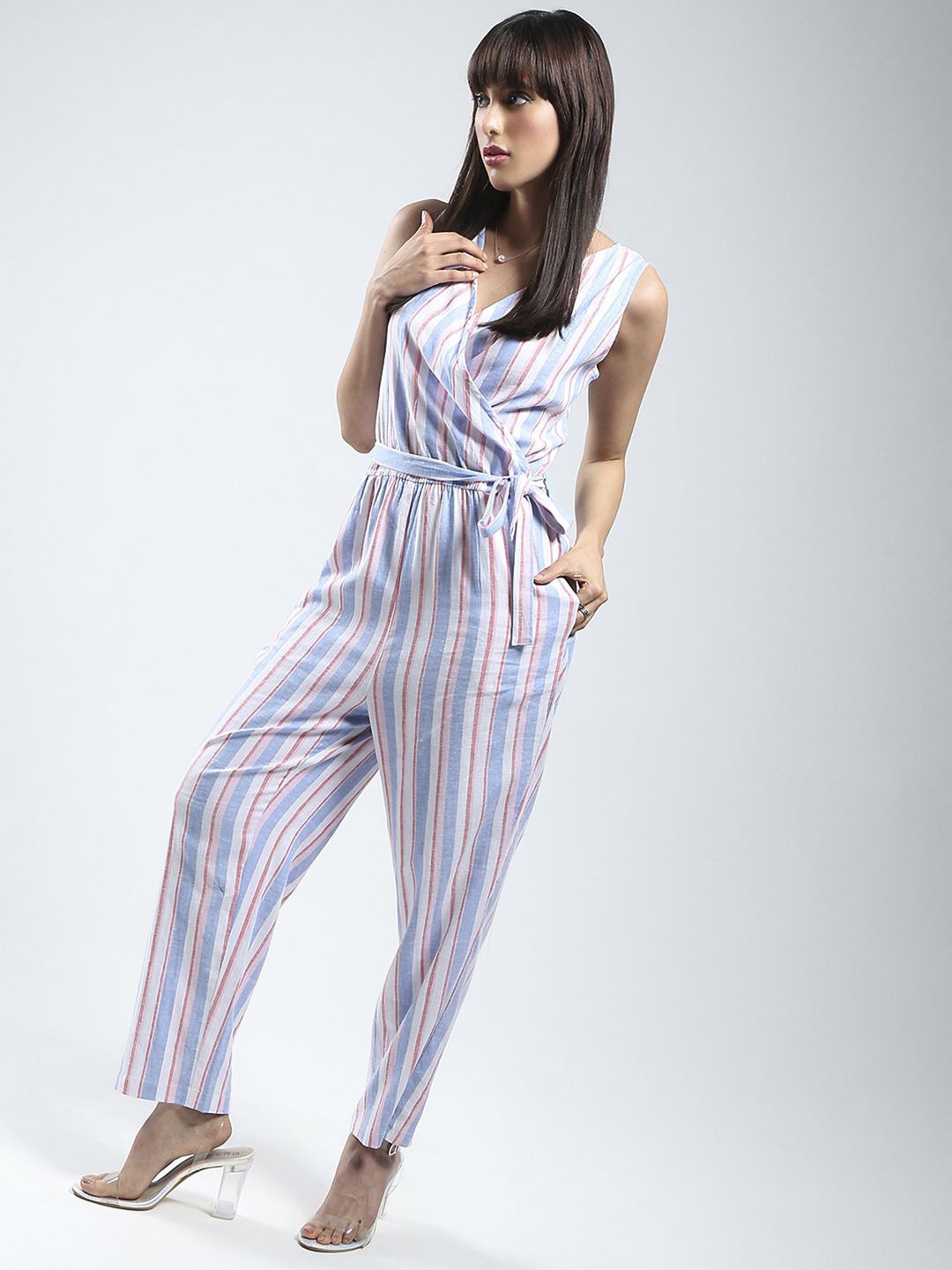 

Sera Linen Striped Basic Jumpsuit, White