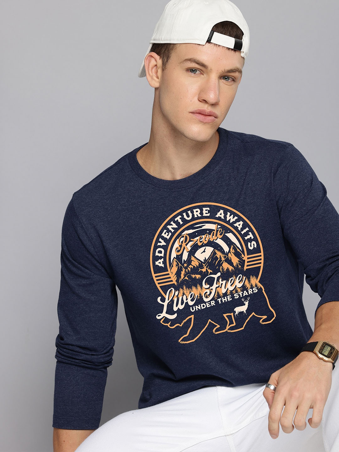 

R.Code by The Roadster Life Co. Men Typography Printed Drop-Shoulder Sleeves Pockets T-shirt, Navy blue