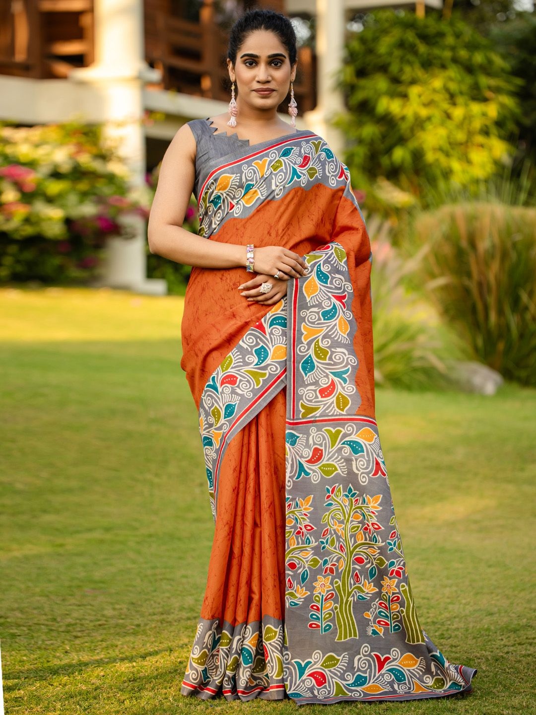 

KALINI Ethnic Motifs Block Print Saree, Orange
