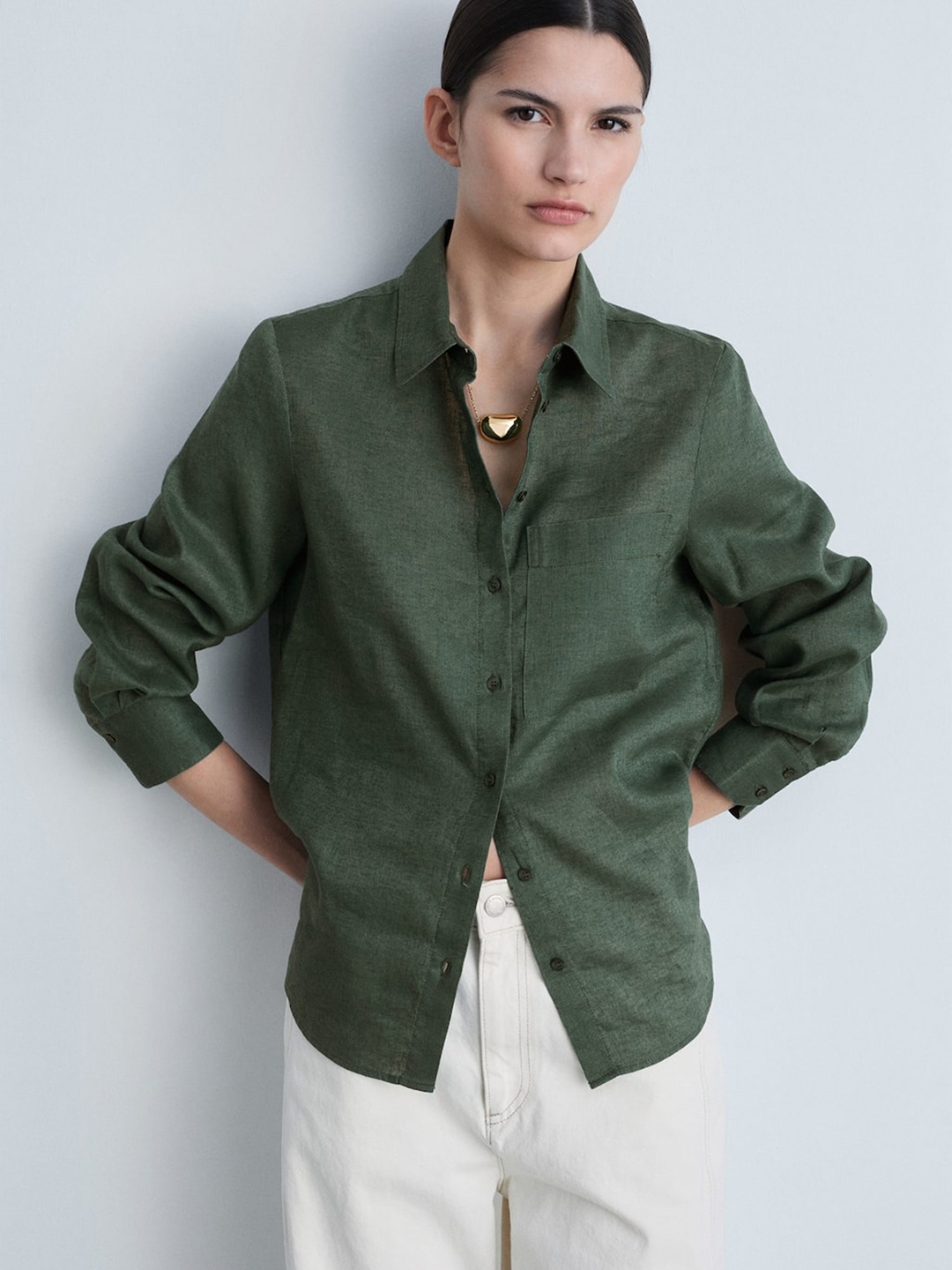 

MANGO Regular Fit Linen & Cotton Blend Casual Shirt, Green