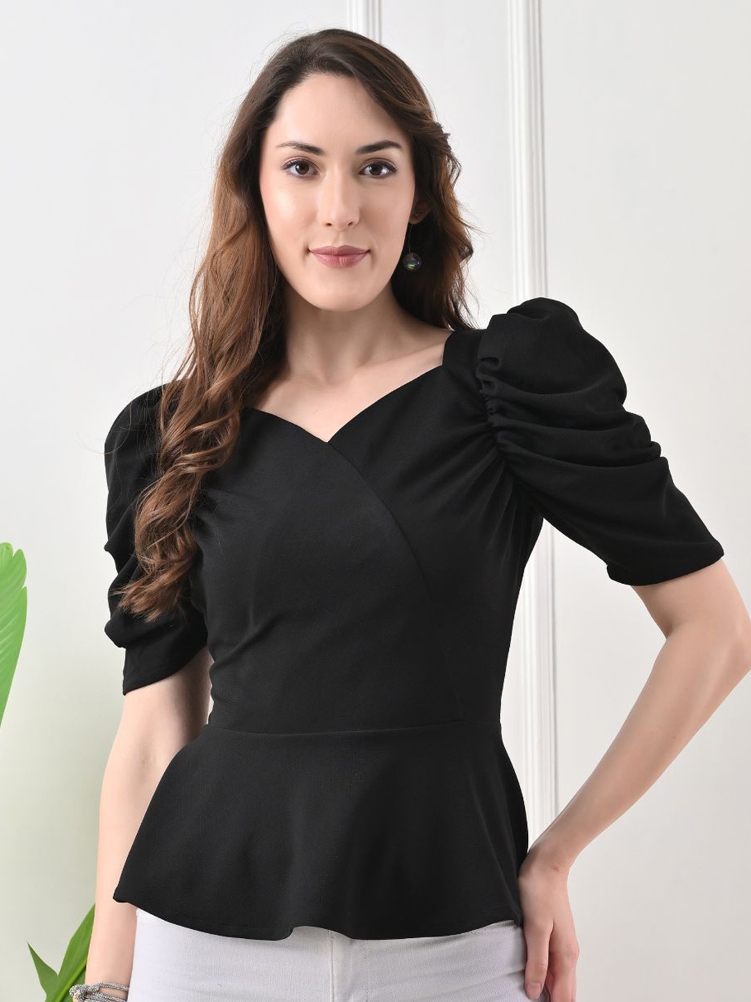 

IUGA Sweetheart Neck Puff Sleeve Peplum Top, Black