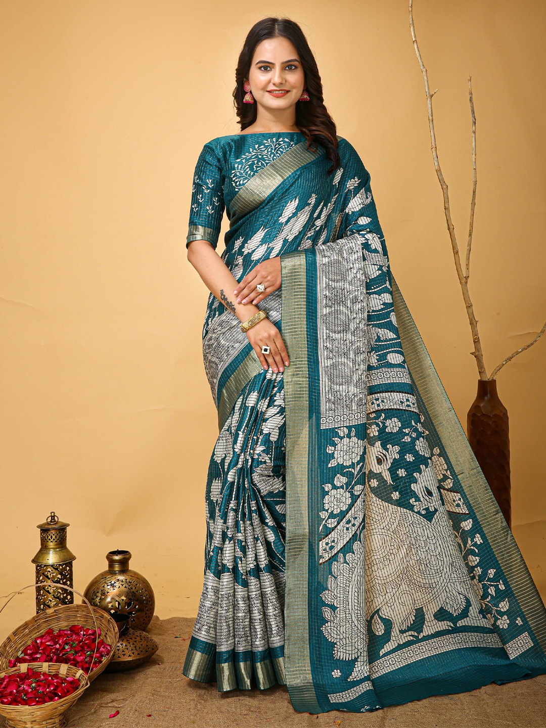 

Mitera Floral Zari Art Silk Banarasi Saree, Blue