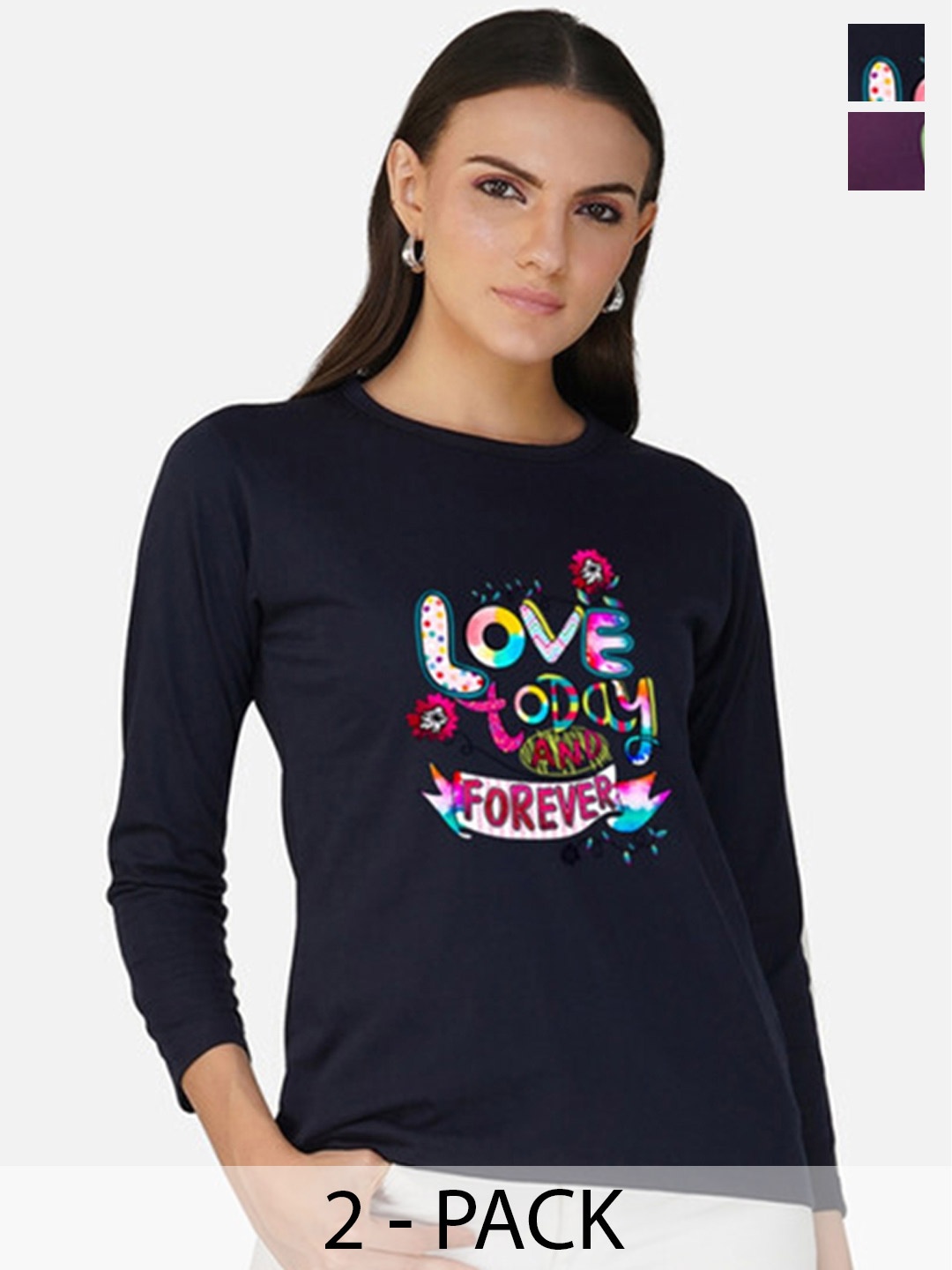 

Metronaut Women 2 Printed Bio Finish Applique T-shirt, Navy blue