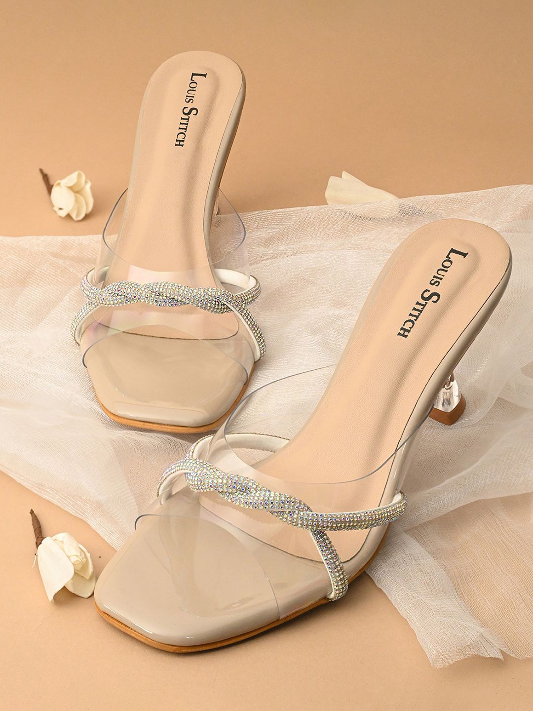 

LOUIS STITCH Women Cross Knot Stilleto Heel Mule Sandals, Beige