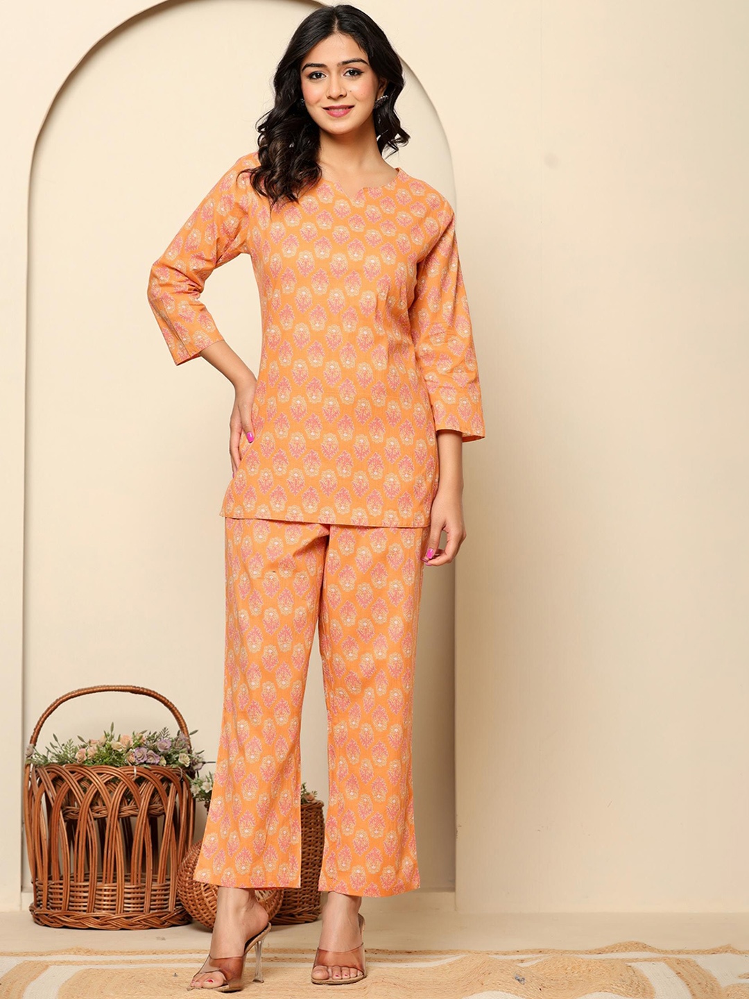 

Rouhab Printed Pure Cotton Round Neck Top With Trousers Co-Ords Set, Peach
