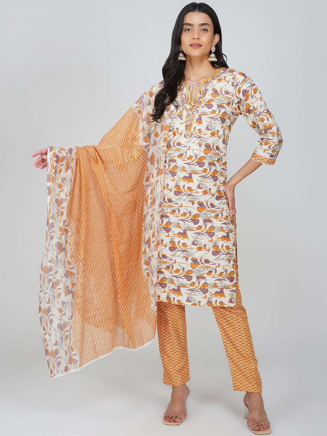 

Charitra Women Floral Printed Regular Kurta with Trousers & With Dupatta, White
