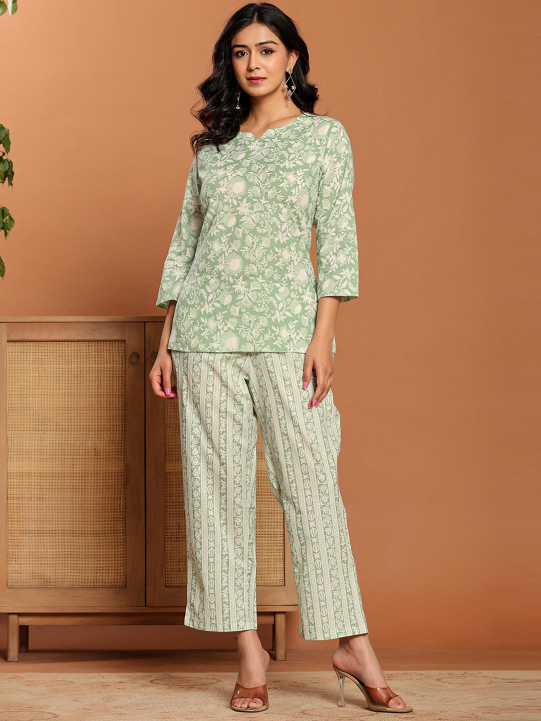 

Rouhab Floral Printed Cotton Top With Trousers Co-Ords, Green
