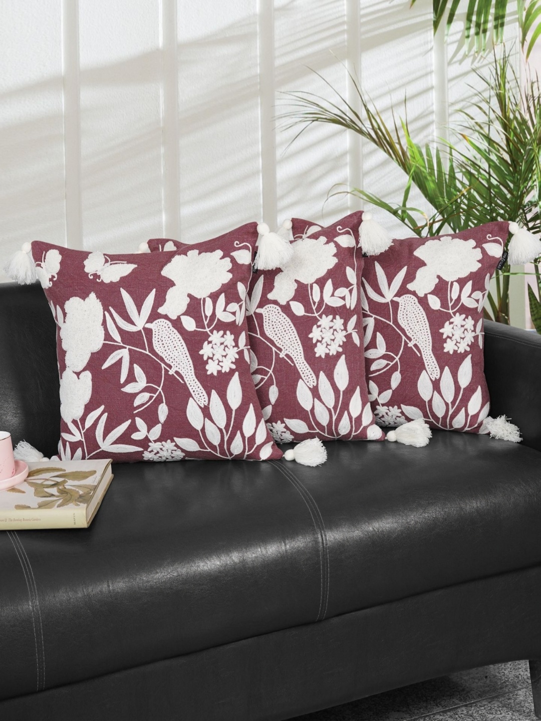 

Ode & Cleo Maroon & White Set of 3 Embroidered Square Cushion Covers