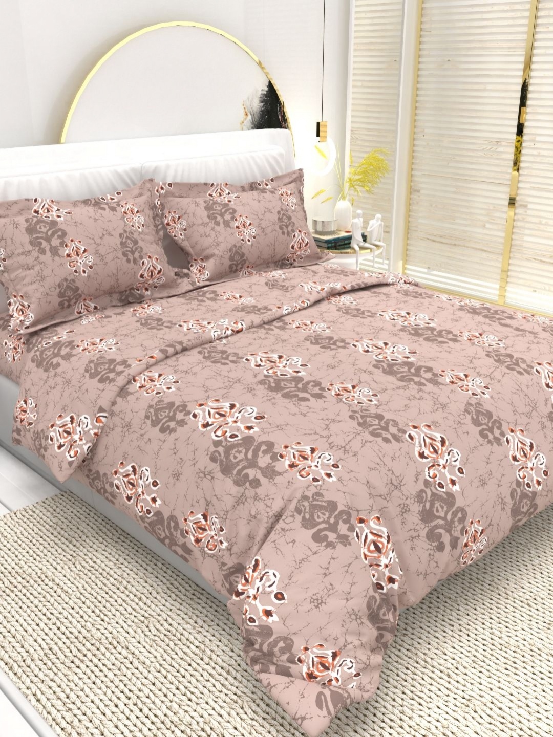 

THE WHITE MOSS Peach-Coloured & Grey 210 TC Queen Bedsheet with 2 Pillow Covers