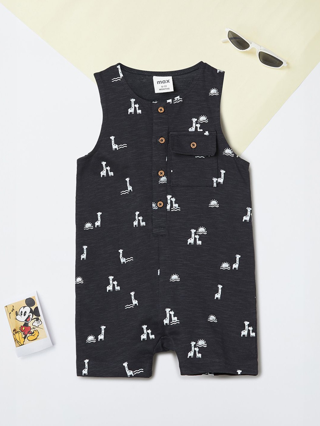 

max Boys Printed Pure Cotton Rompers, Grey