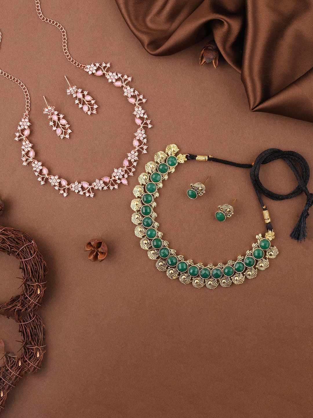 

Lyriss Set Of 2 Gold & Rose Gold Plated American Diamond Stone Studded Jewellery Set