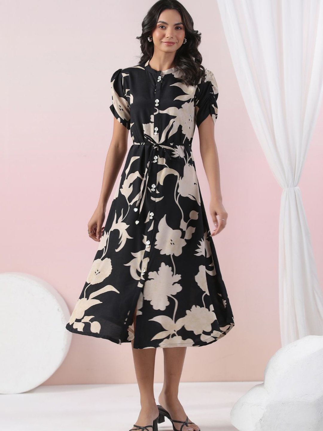 

Kaftanize Floral Print Velvet Fit & Flare Dress, Black