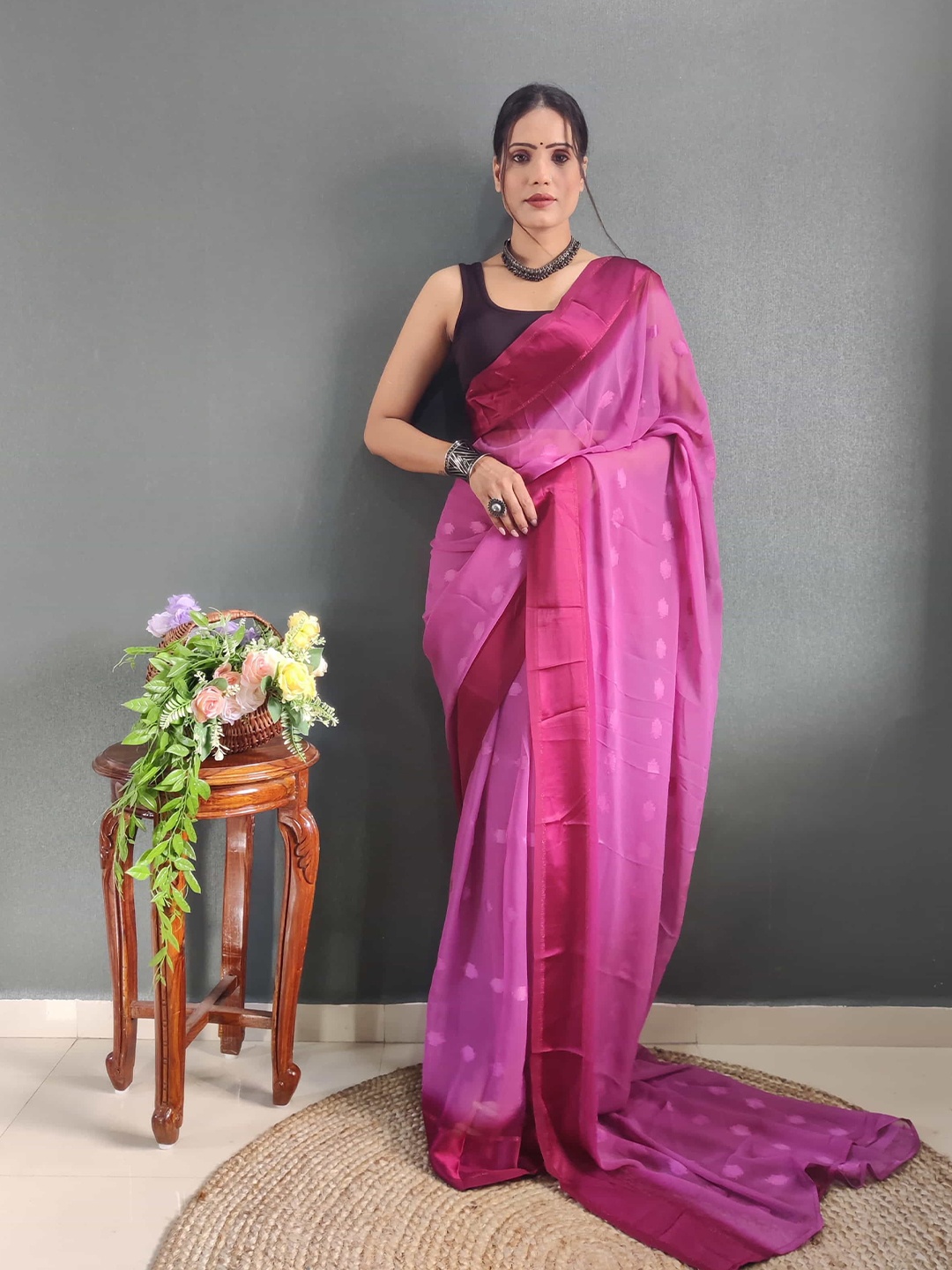 

HERE&NOW Floral Satin Ready to Wear Saree, Pink