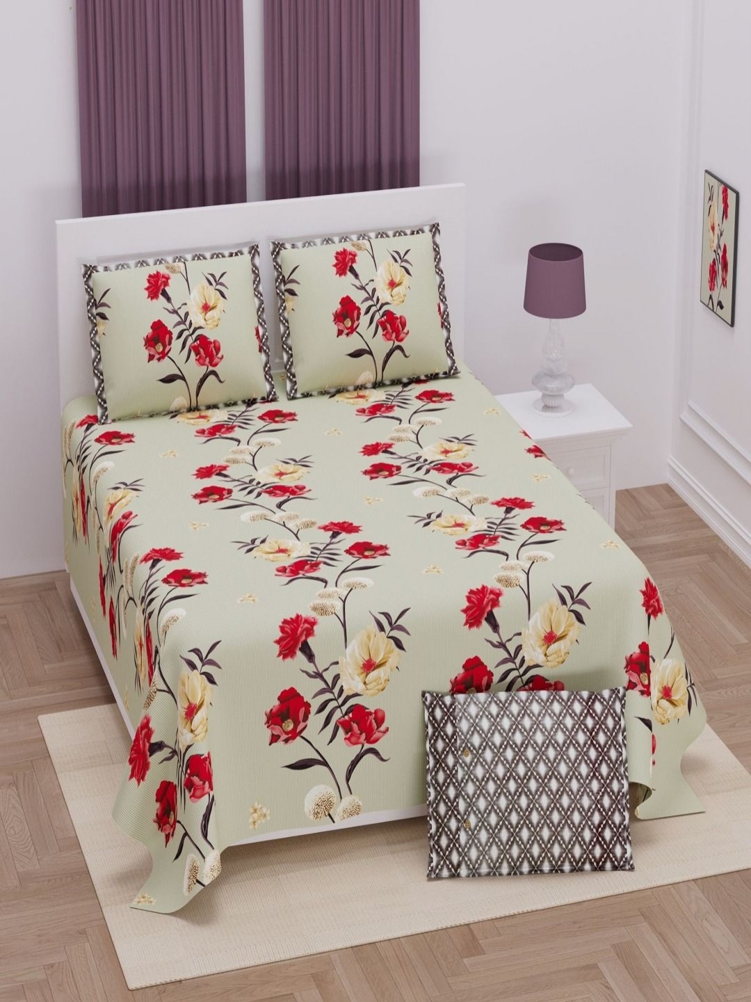 

Myntra Elegant Homes Green & Red Floral 250 TC King Bedsheet with 2 Pillow Covers