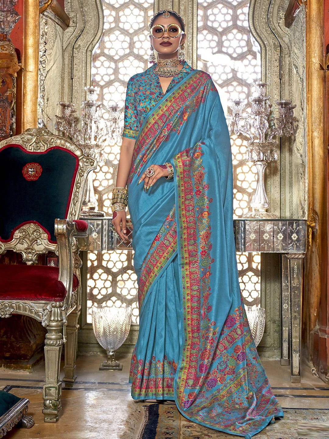 

MAHALASA Ethnic Motifs Art Silk Kanjeevaram Saree, Turquoise blue