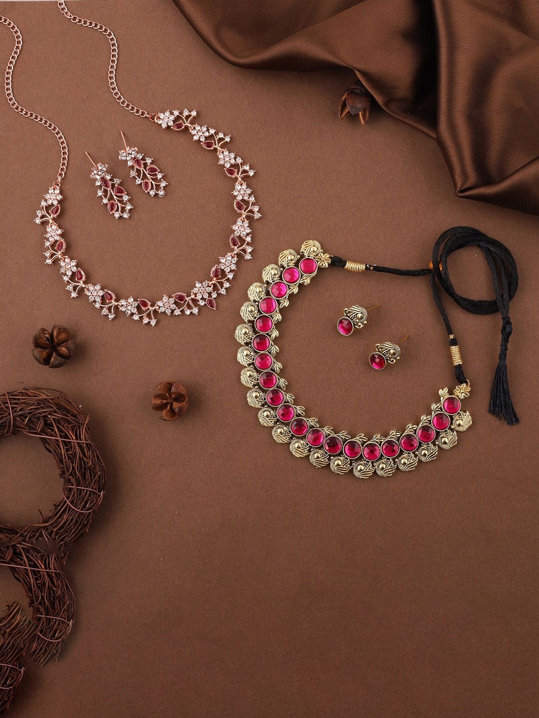 

Lyriss Set Of 2 Gold & Rose Gold Plated AD Stone Studded Jewellery Sets