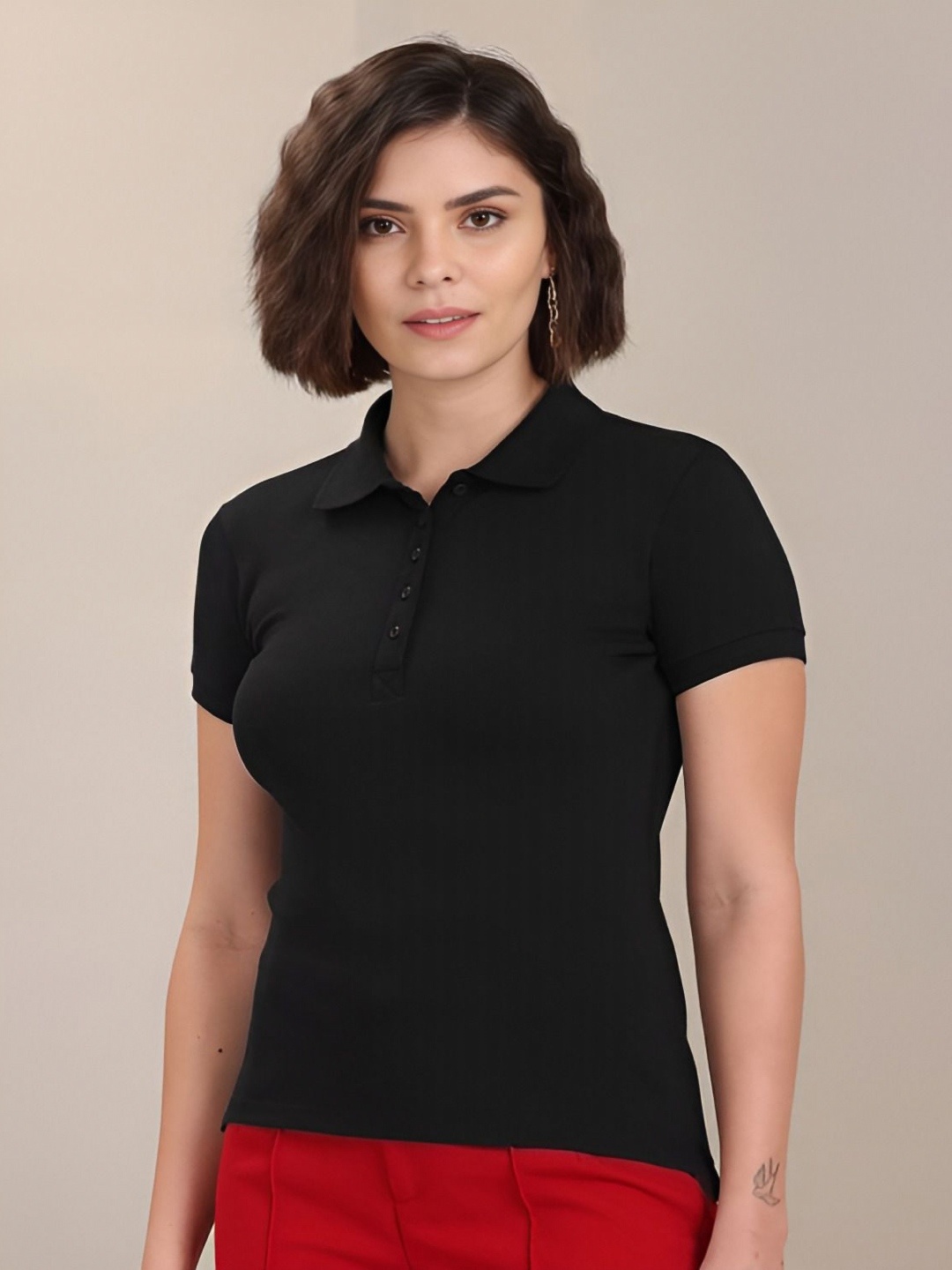 

Shiv traders collection Women Polo Collar T-shirt, Black