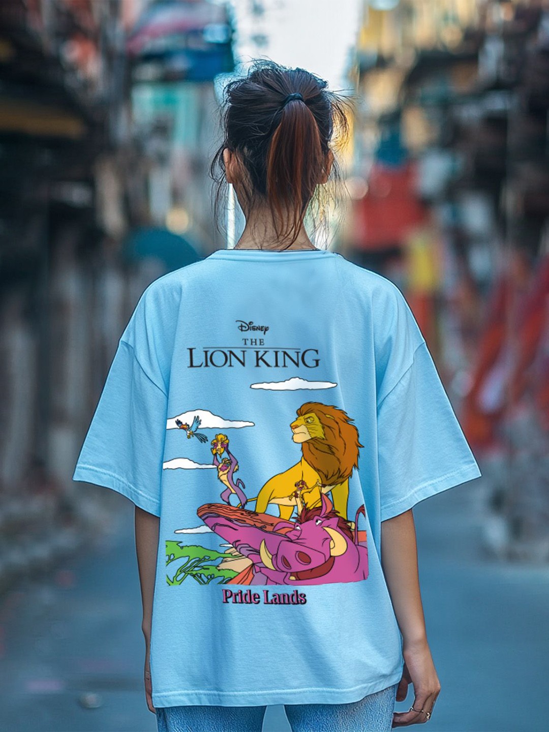 

JUNEBERRY Women Lion King Printed Drop-Shoulder Sleeves T-shirt, Blue
