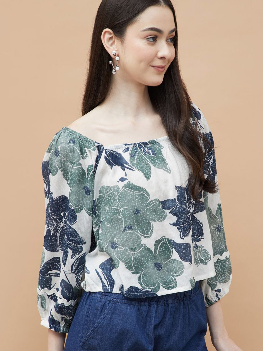

Colour Me by Melange Print three-quarter Top, White
