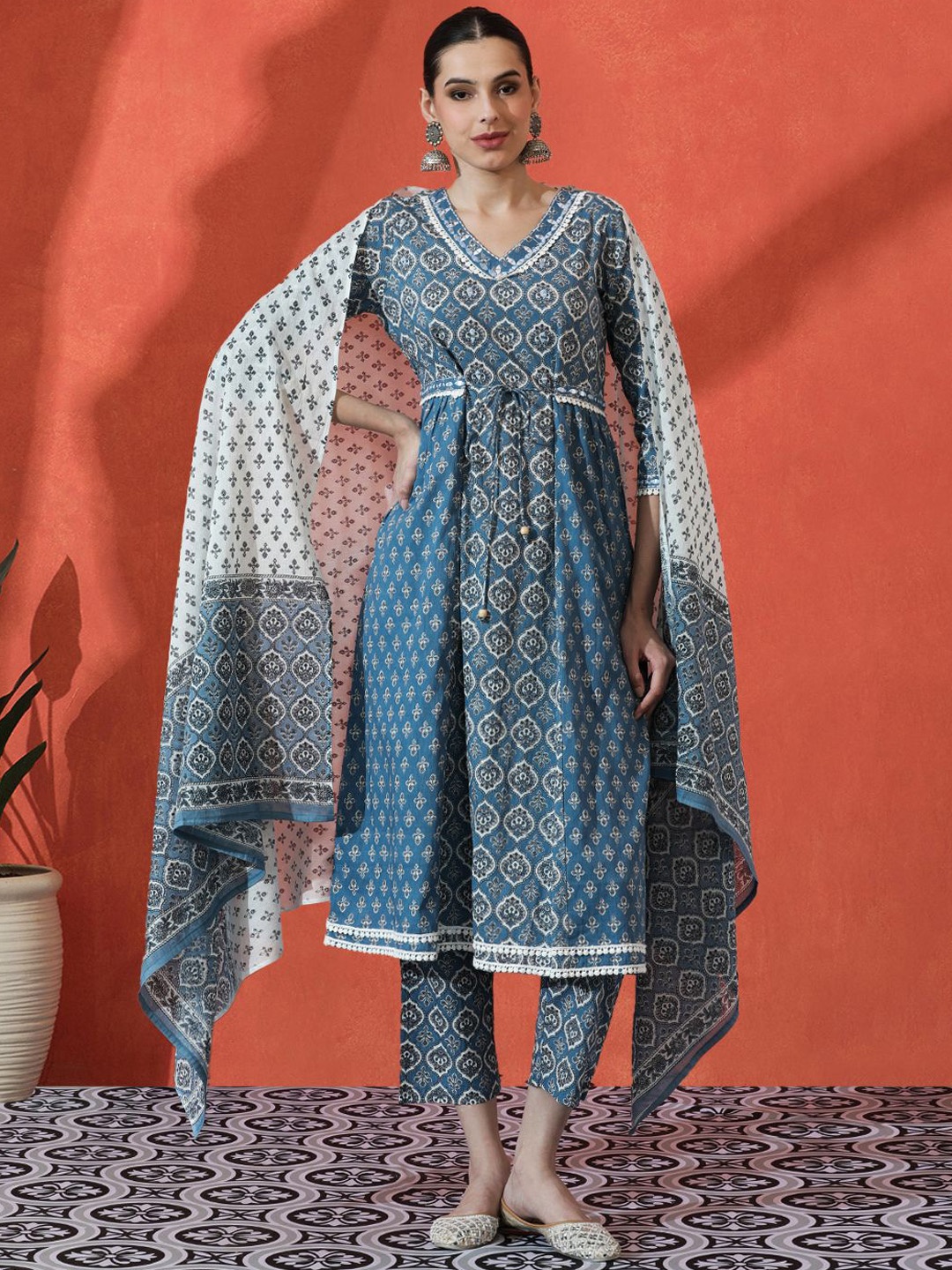 

Sangria Floral Embroidered A-Line Pure Cotton Kurta With Trousers & Dupatta, Teal