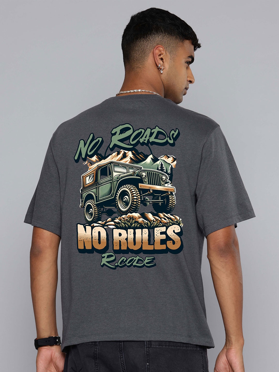 

R.Code by The Roadster Life Co. Men Printed T-shirt, Steel