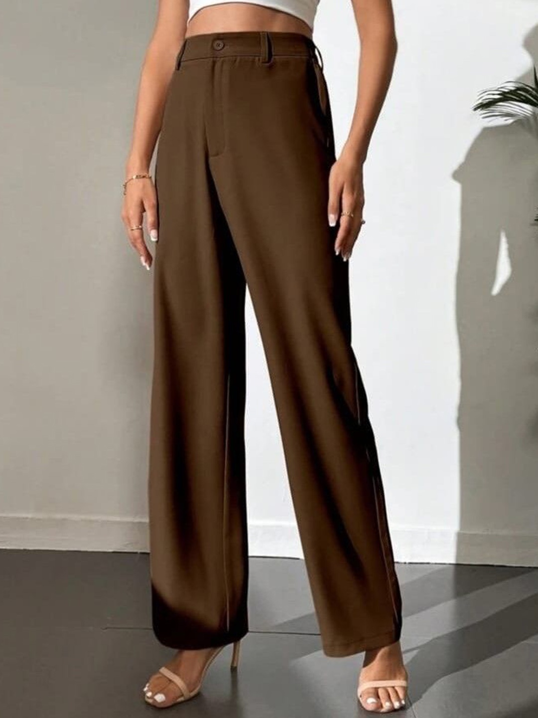 

BROADSTAR Women Smart Straight Fit High-Rise Easy Wash Trousers, Brown