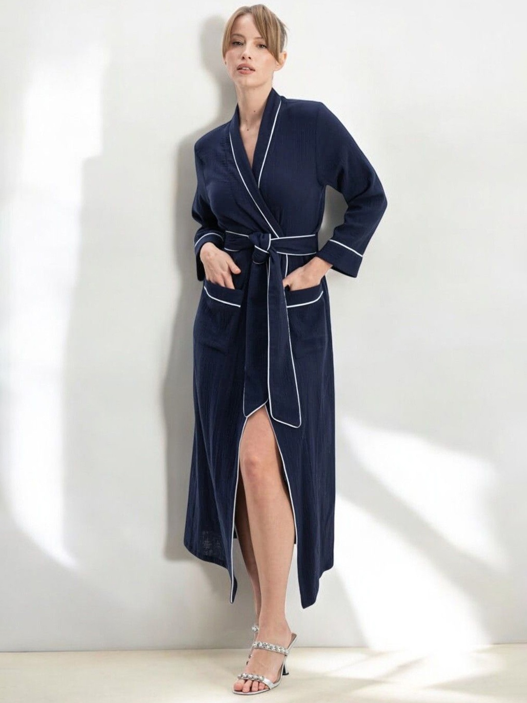 

Bella Babe by SK Cotton Muslin Long Robe, Navy blue