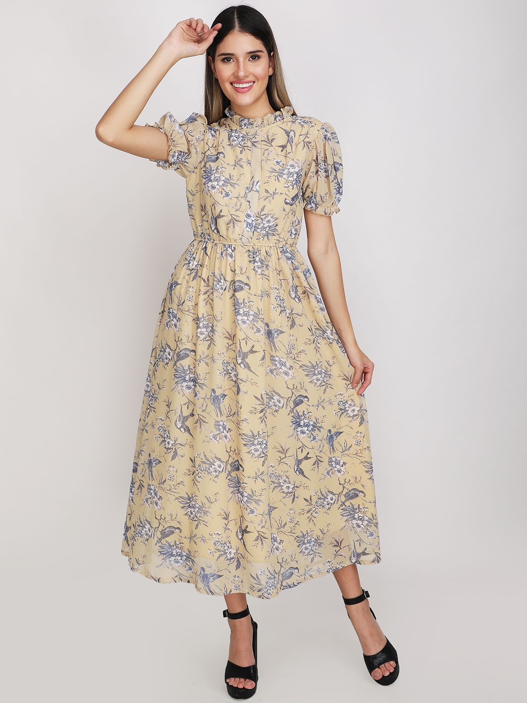 

JAKANARY Floral Print Puff Sleeve Georgette A-Line Maxi Dress, Multi