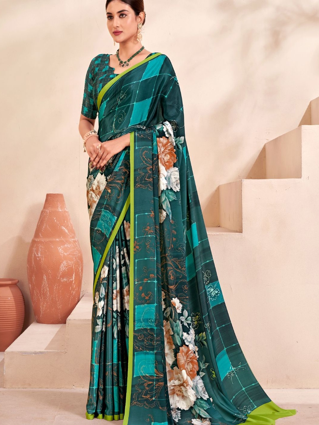 

Suha Floral Poly Crepe Saree, Teal