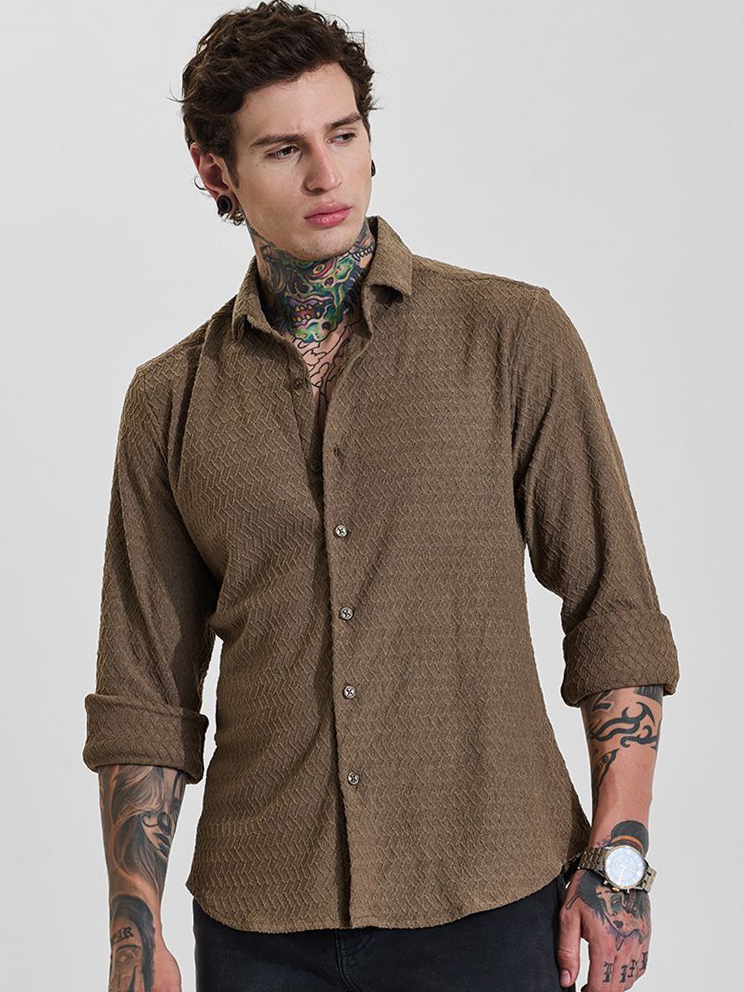 

Snitch Men Slim Fit Opaque Casual Shirt, Brown