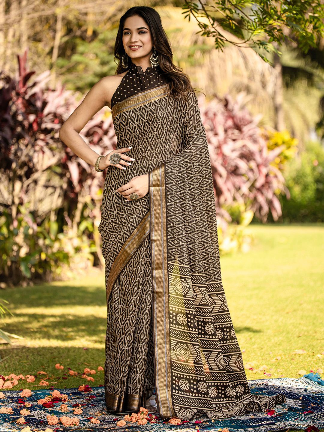 

KALINI Zari Block Print Saree, Brown