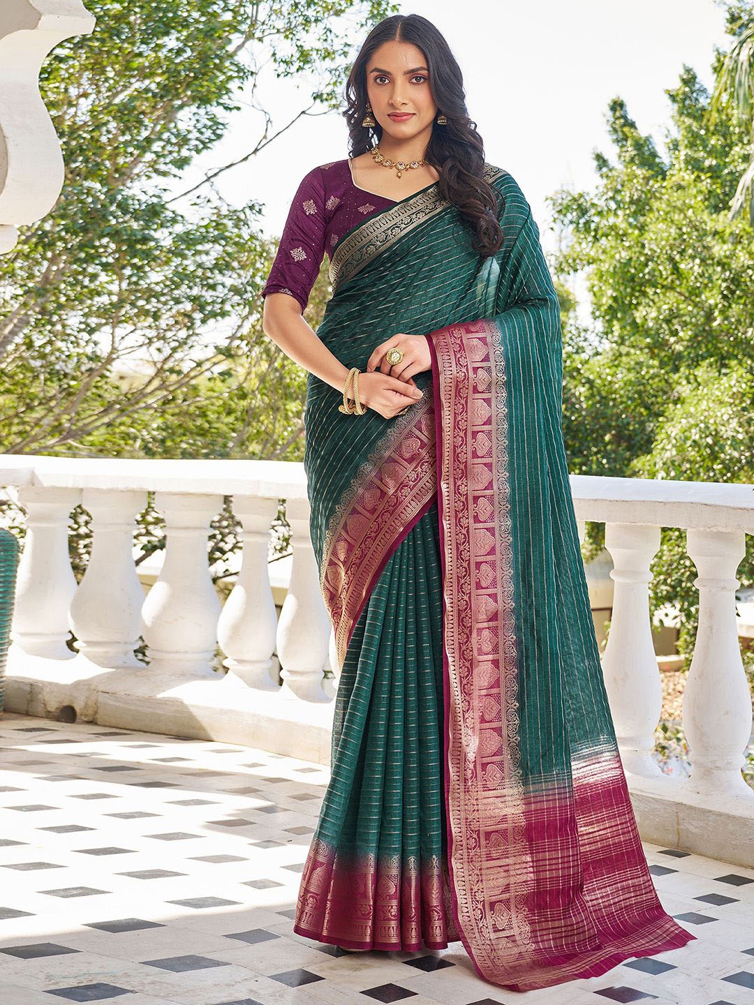 

all about you Striped Zari Pure Silk Patola Saree, Green