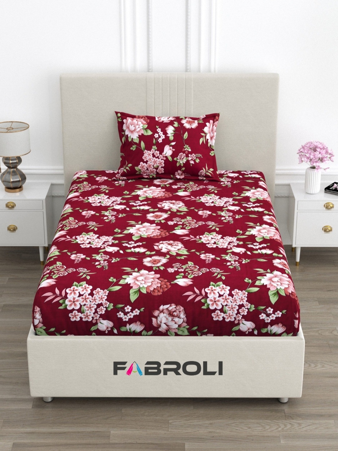 

FABROLI Red Floral 300 TC Single Bedsheet with 1 Pillow Covers