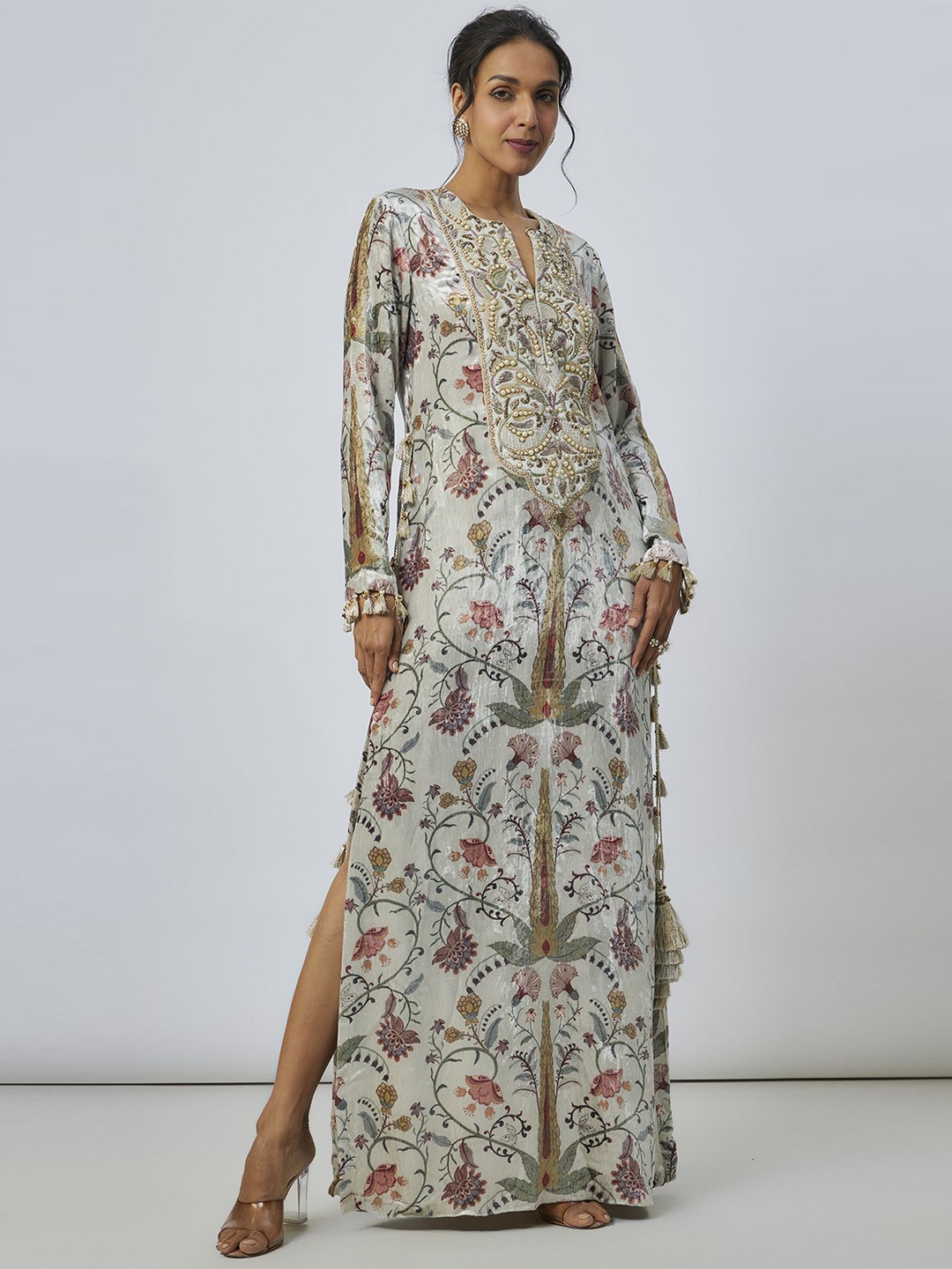 

Payal Singhal Floral Embroidered Velvet Kaftan Dress, Off white