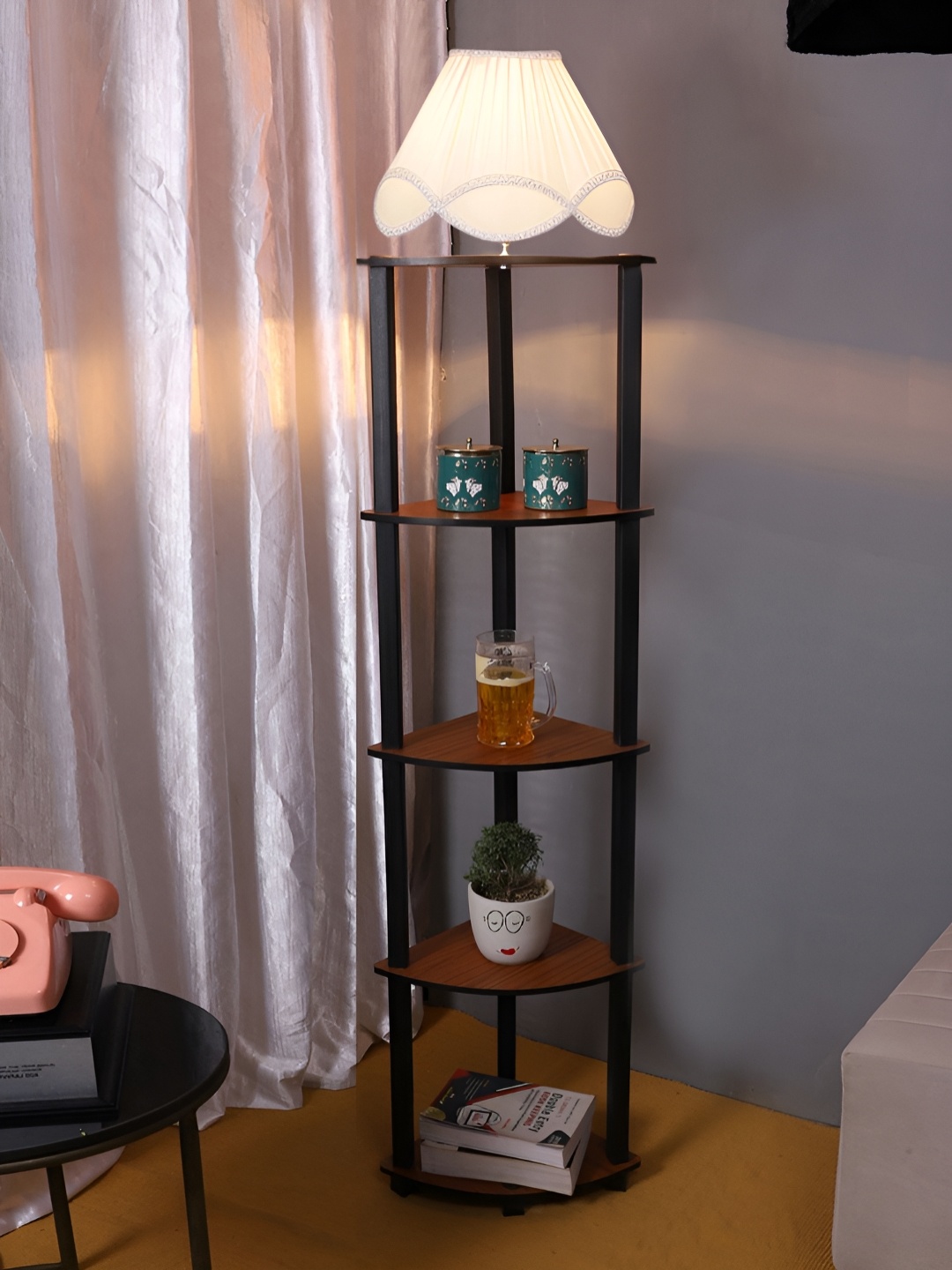 

Devansh Off White & Brown Abstract Shaped Wooden Floor Lamp With Shelves