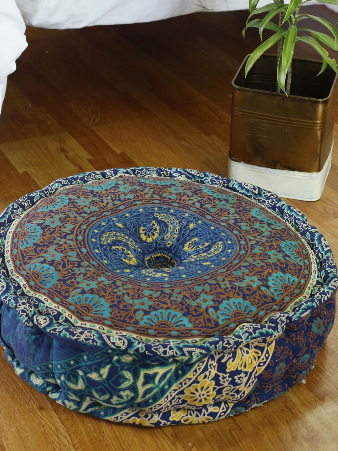 

HANDICRAFT PALACE Blue & Brown Mandala Printed Round Pure Cotton Floor Cushion