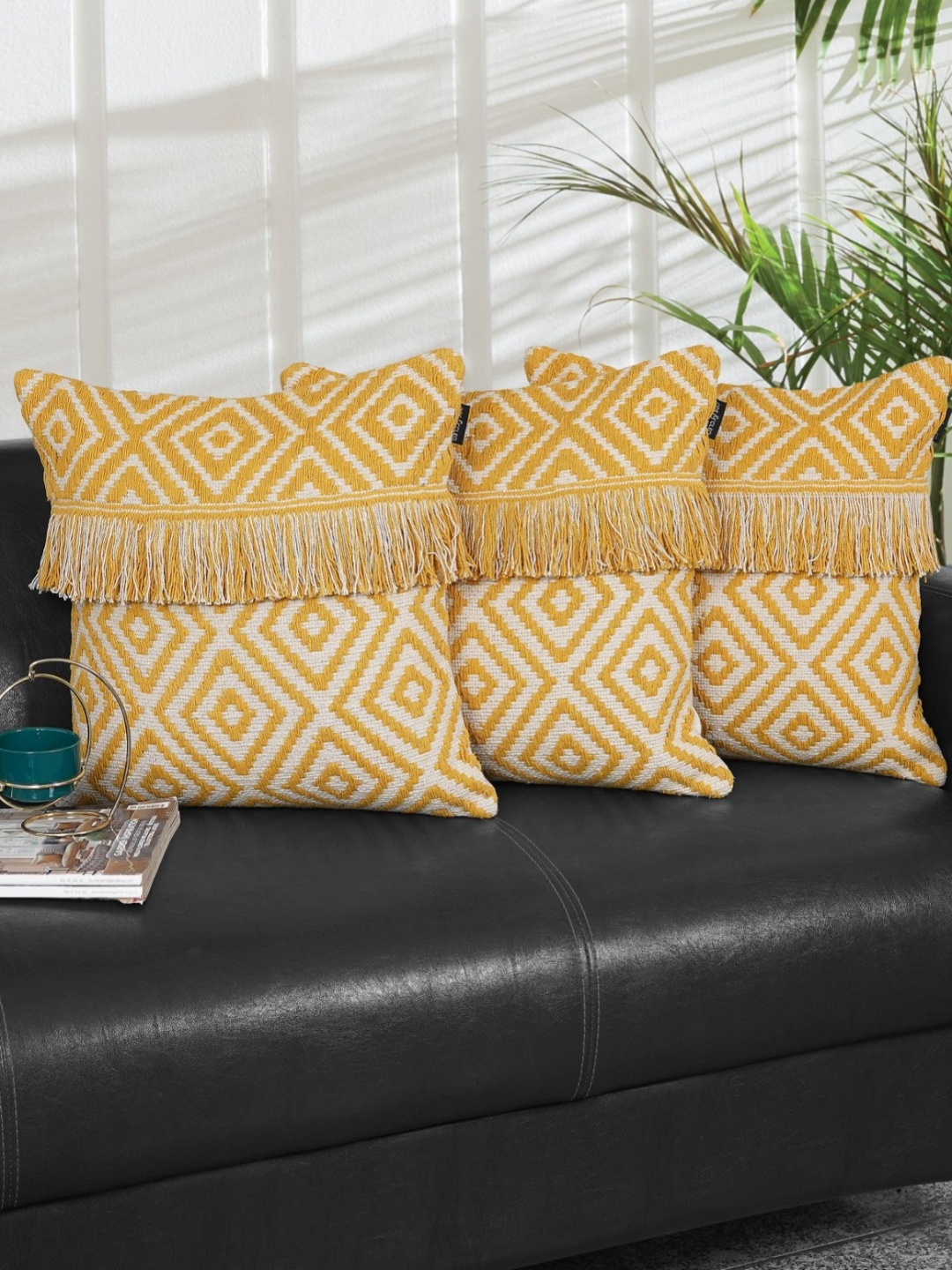 

Ode & Cleo Mustard & White Set of 3 Abstract Square Cushion Covers