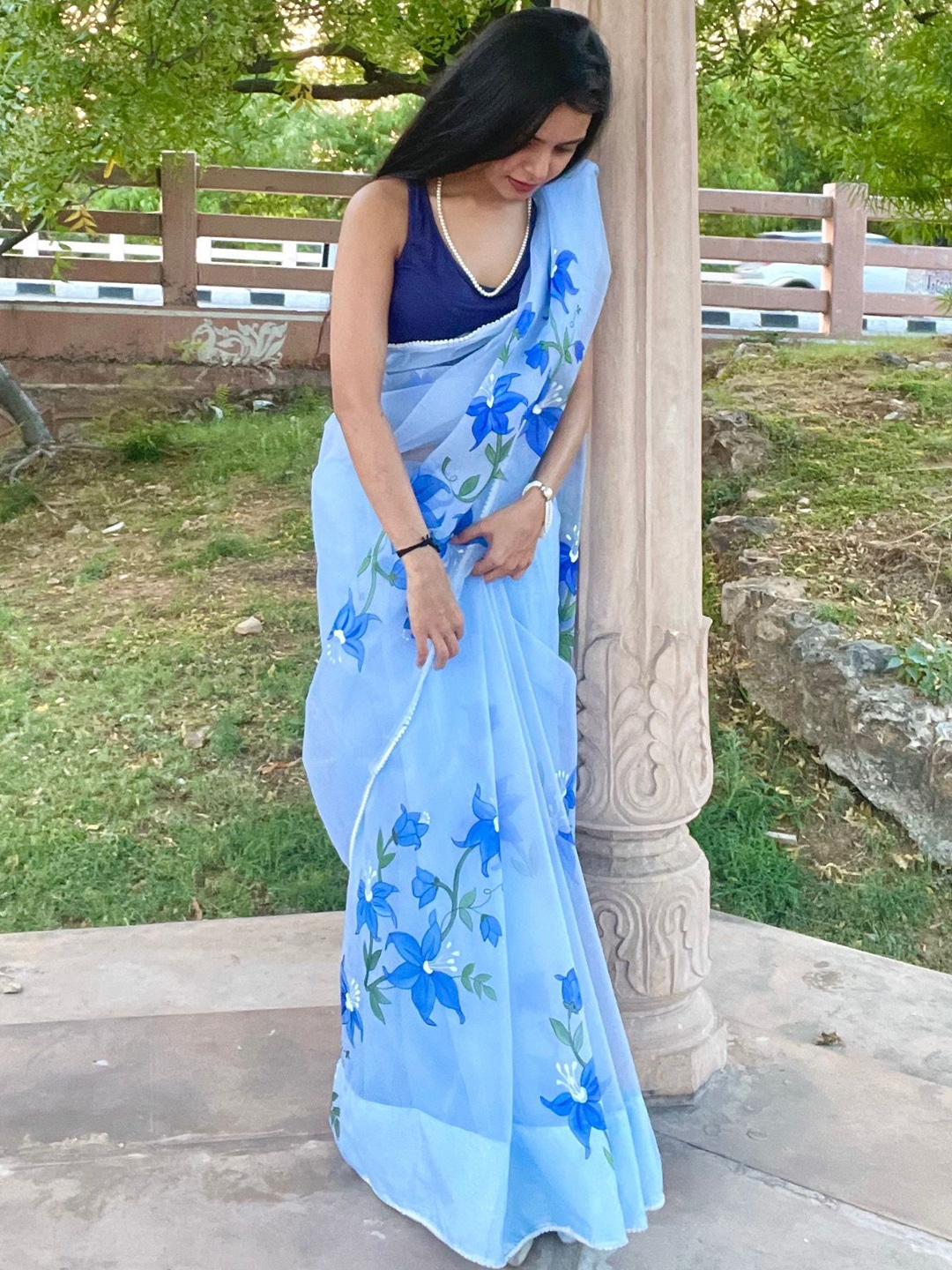

Noor by Hansa Sky Blue Hand-Painted Organza Silk Saree