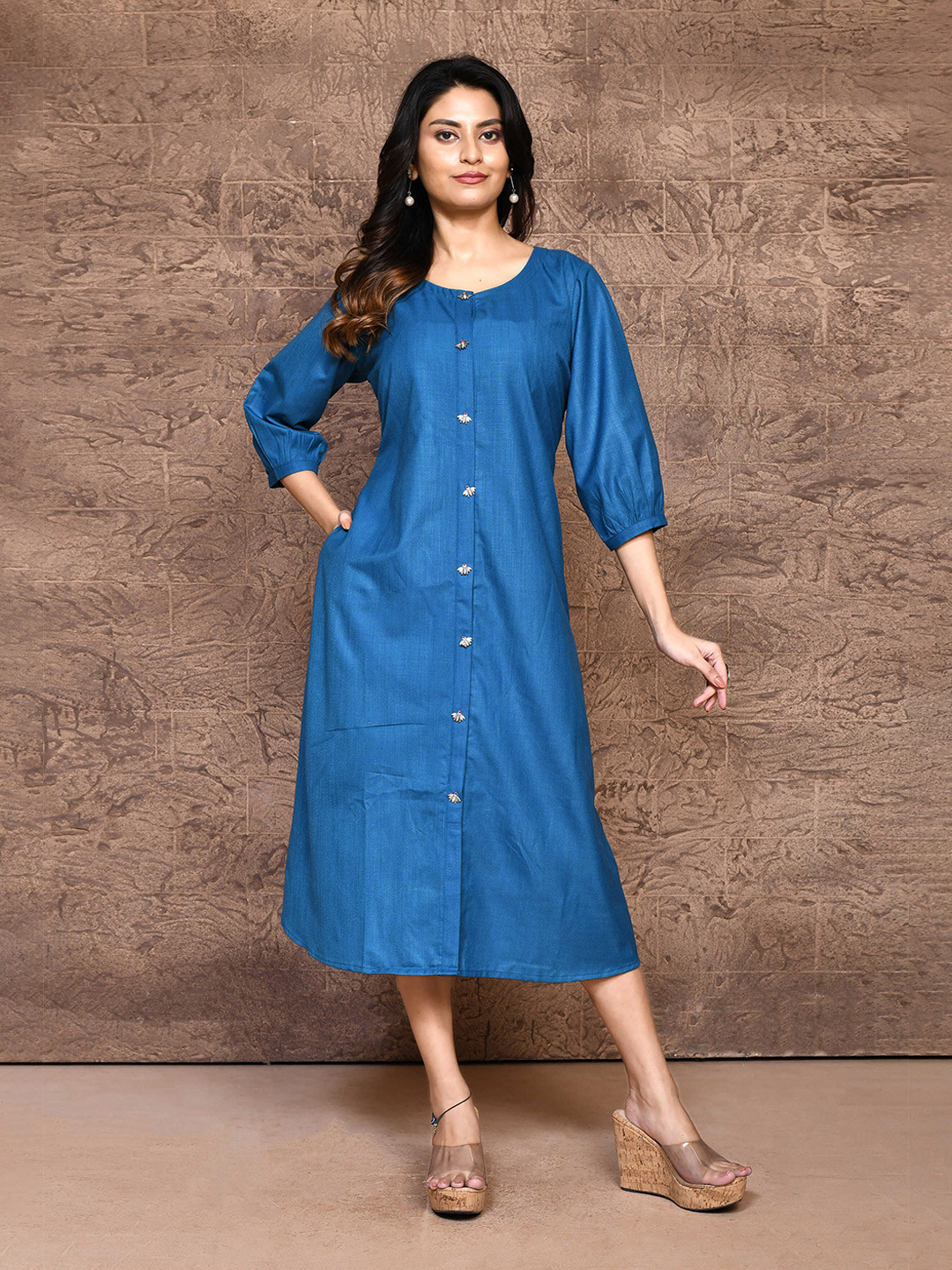 

THREAD SAGA Puff Sleeve A-Line Midi Dress, Blue