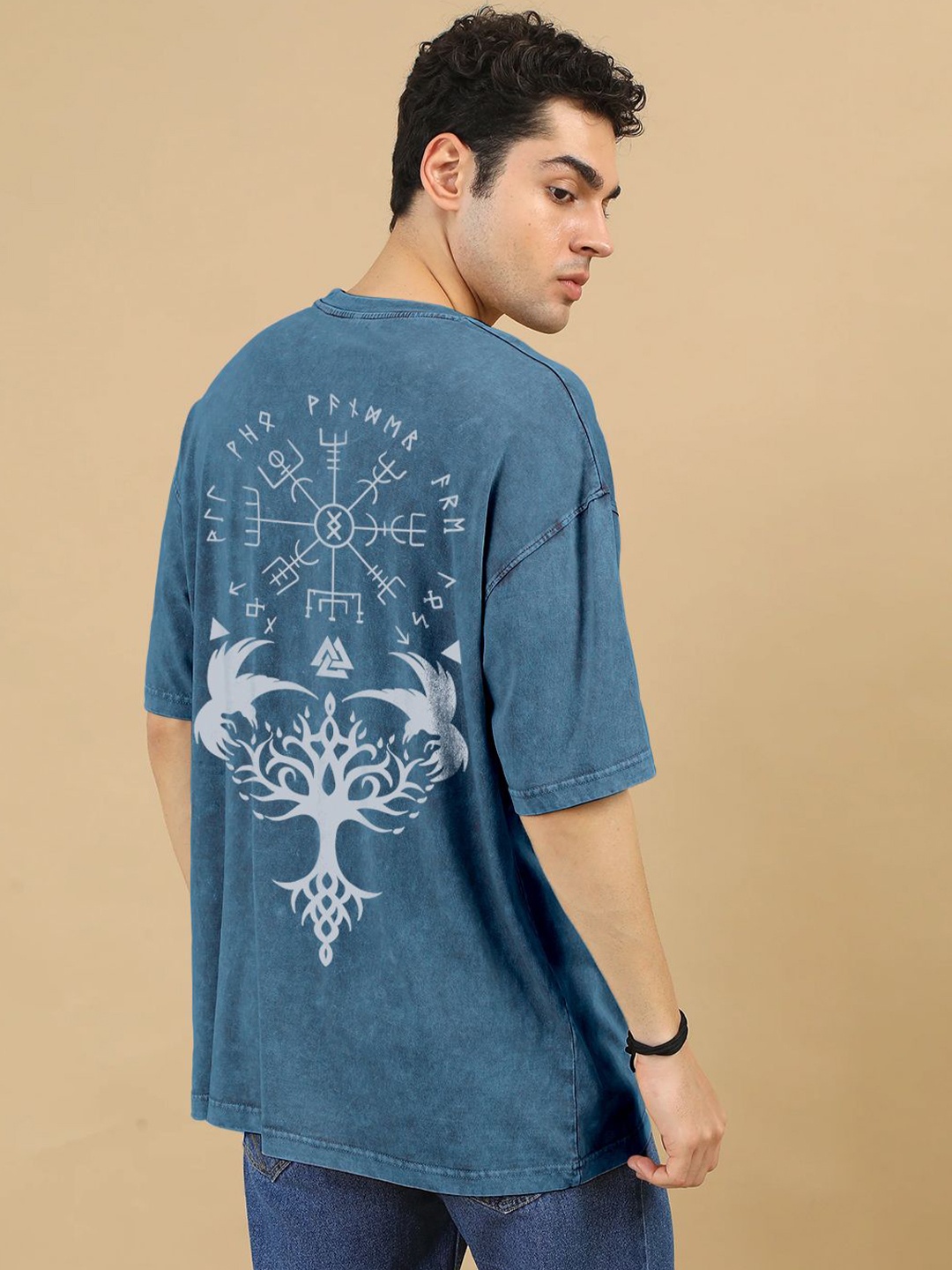 

Crazymonk Men Printed Extended Sleeves Raw Edge T-shirt, Blue