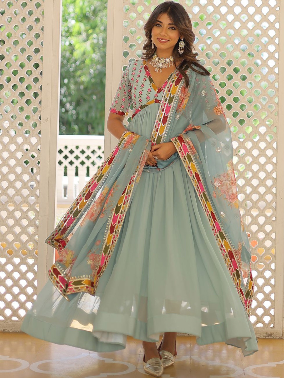 

Fashion Basket Embroidered Anarkali Maxi Gown With Dupatta, Blue